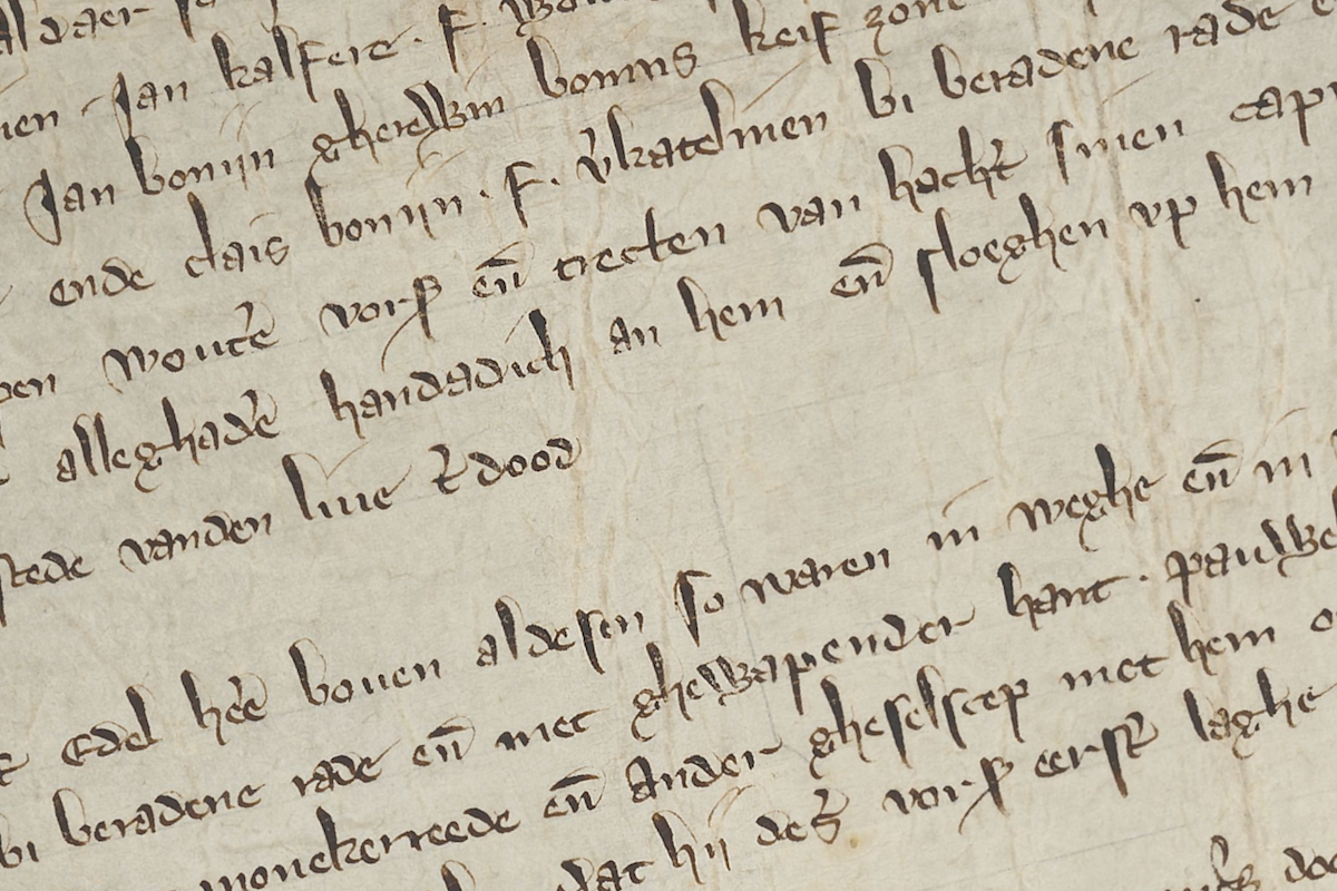 Detailfoto van charter waarin Vranke van Heile schrijft over Wouter van Heile (ca. 1311).