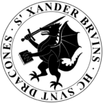 Zegel van Xander Bruins. Een klimmende draak met zwaard en boek, met daaromheen de tekst: 'S XANDER BRVINS HC SVNT DRACONES